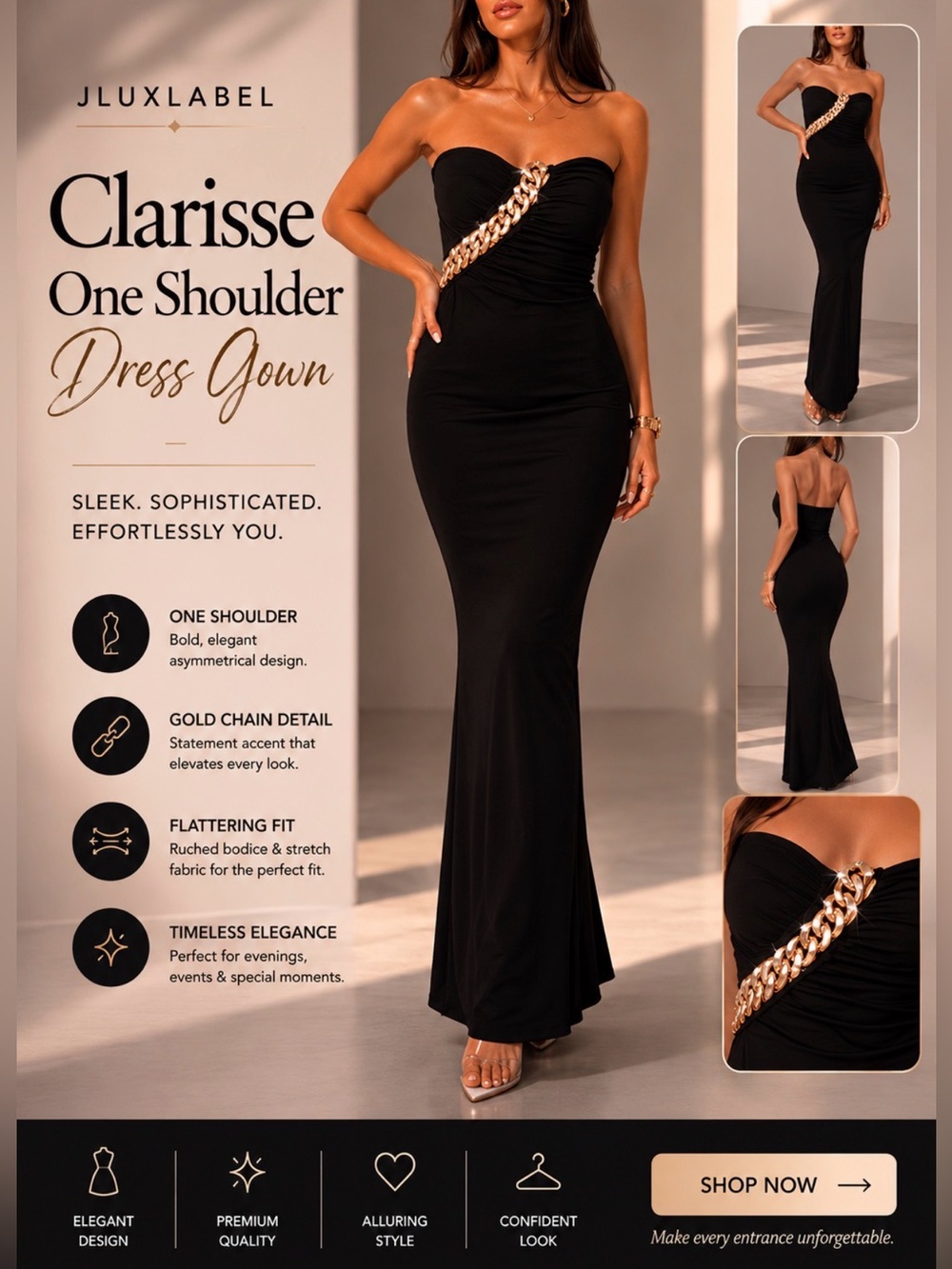 JLUXLABEL Black Clarisse One Shoulder dress Gown nwt